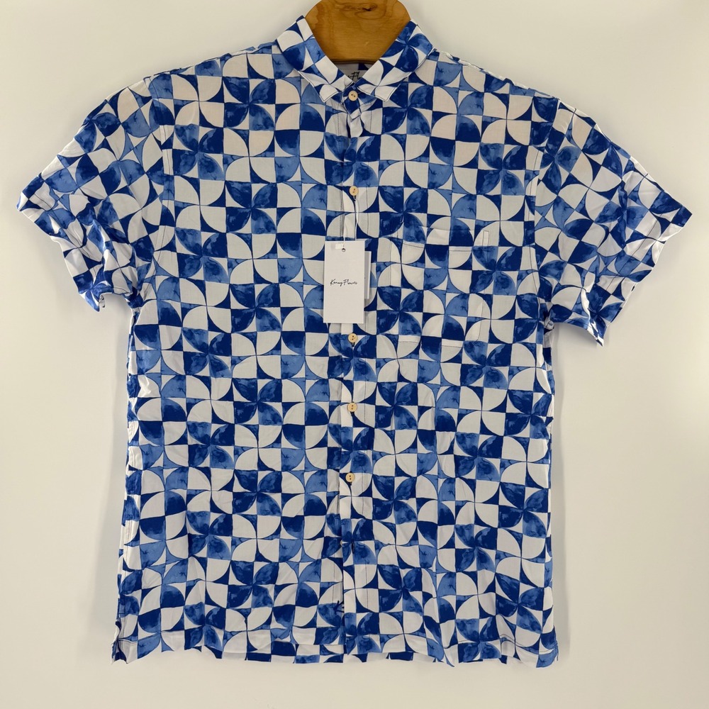 Kenny Flowers Mens Blue White Geometric Tile Print Rayon Short Sleeve Shirt L